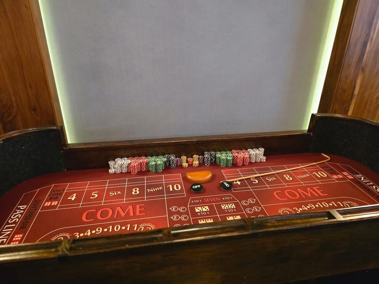 Close-up of a craps table layout with casino chips at a Bay Area casino party