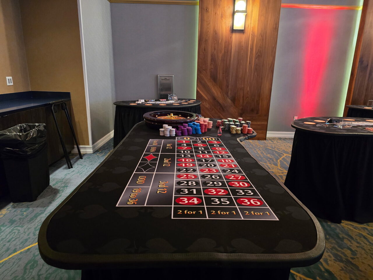 Roulette table set up in a hotel ballroom for a Bay Area casino party
